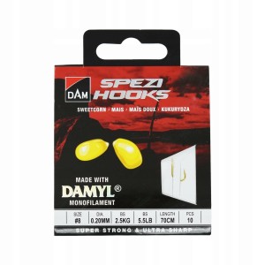 Haczyki z przyponem DAM Spezi Sweetcorn rozm.#8 70cm 0,20mm 2,5kg 10szt.